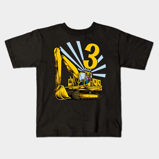 Excavator 3 year old birthday Kids T-Shirt by Modern Medieval Design